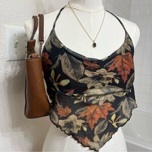 Fall autumn floral leaves halter tie tank crop top festival boho vintage summer